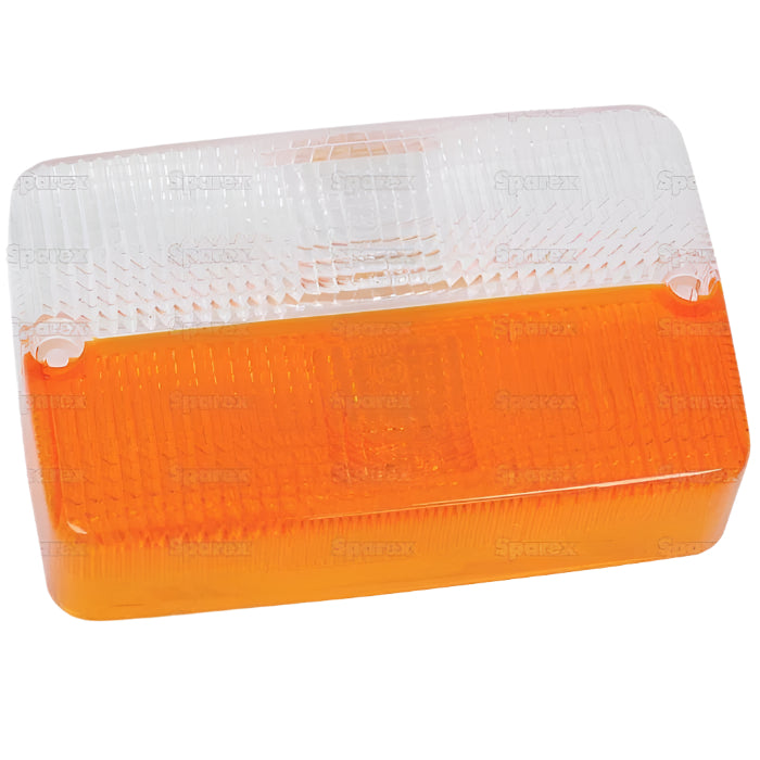 Rectangular, dual-colored light lens with an upper clear section and a lower amber section. Text on the image indicates "Sparex" and "Tractor parts." This polycarbonate Replacement Lens (Sparex Part No. S.56205) is designed to fit front lights S.56139 & S.56122 from Sparex.