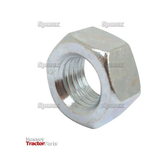 A hexagonal nut with a metallic finish and visible internal threads is shown with "Sparex" and "Massey Tractor Parts" text superimposed on the image. This Metric Hexagon Nut, M12x1.50mm (DIN 934), Zinc Plated for durability, is Sparex Part No.S.51502.