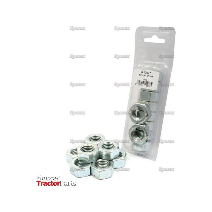 Pack of six Sparex M20x2.50mm zinc-plated metric hexagon nuts (DIN 934), five loose and one in the packaging labeled "S.12077.