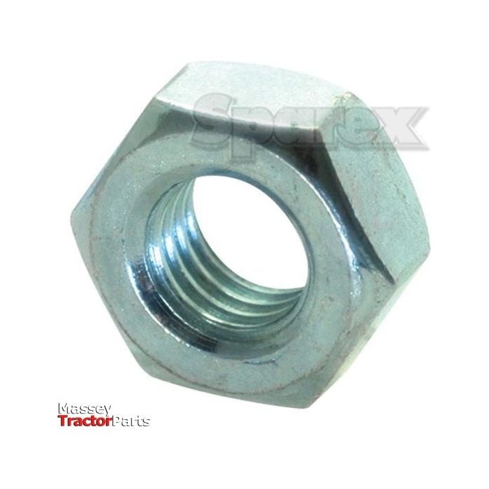 Close-up of a zinc-plated Metric Hexagon Nut, M8x1.00mm (DIN 934) against a white background. Text in the upper right reads 'Sparex' and in the lower left reads 'Massey Tractor Parts.'