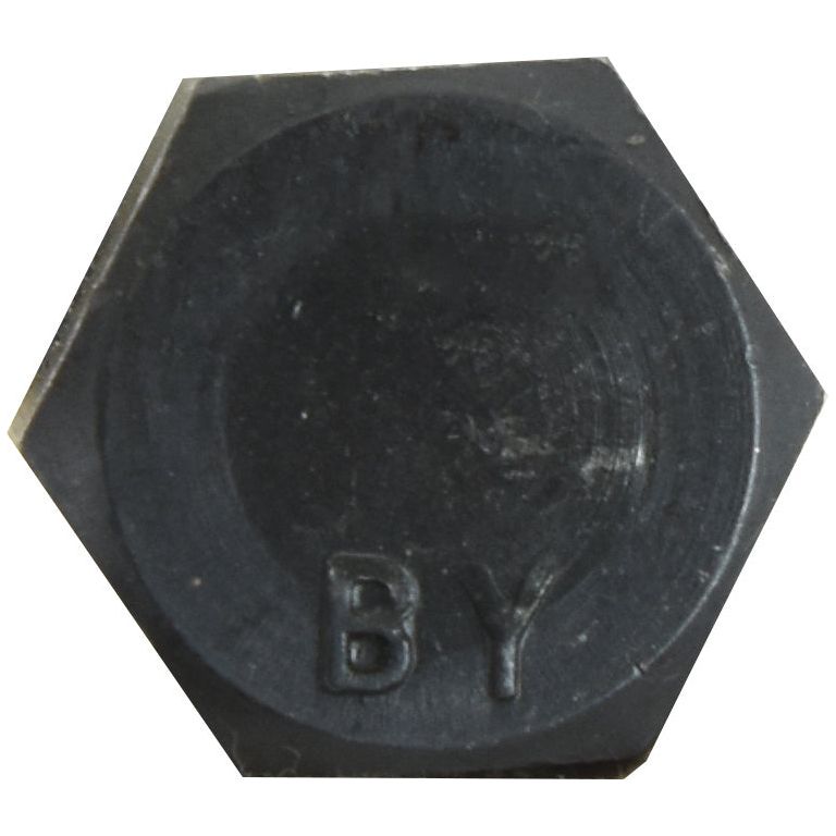 Close-up of a Hexagonal Head Bolt (TH) - M16 x 50mm from Sparex, with the letters "BY" embossed on its flat surface, showcasing a tensile strength of 12.9 (Sparex Part No.S.78664).