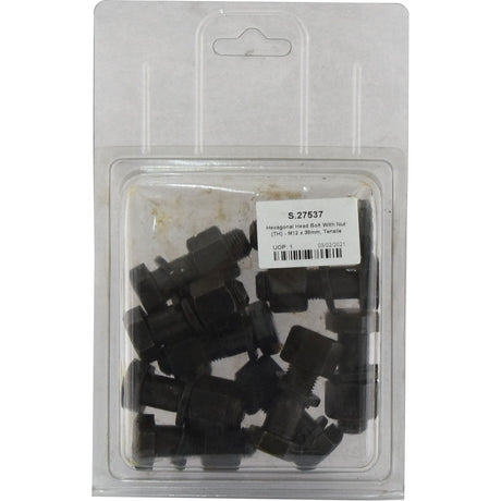 Clear plastic package containing multiple M12x38mm hexagonal head bolts with nuts, labeled "Hexagonal Head Bolt With Nut (TH) - M12x38mm, Tensile strength 12.9 (10 pcs. Agripak)," in black text on a white sticker. Featuring Sparex Part No. S.27537 from the Sparex brand for robust performance.
