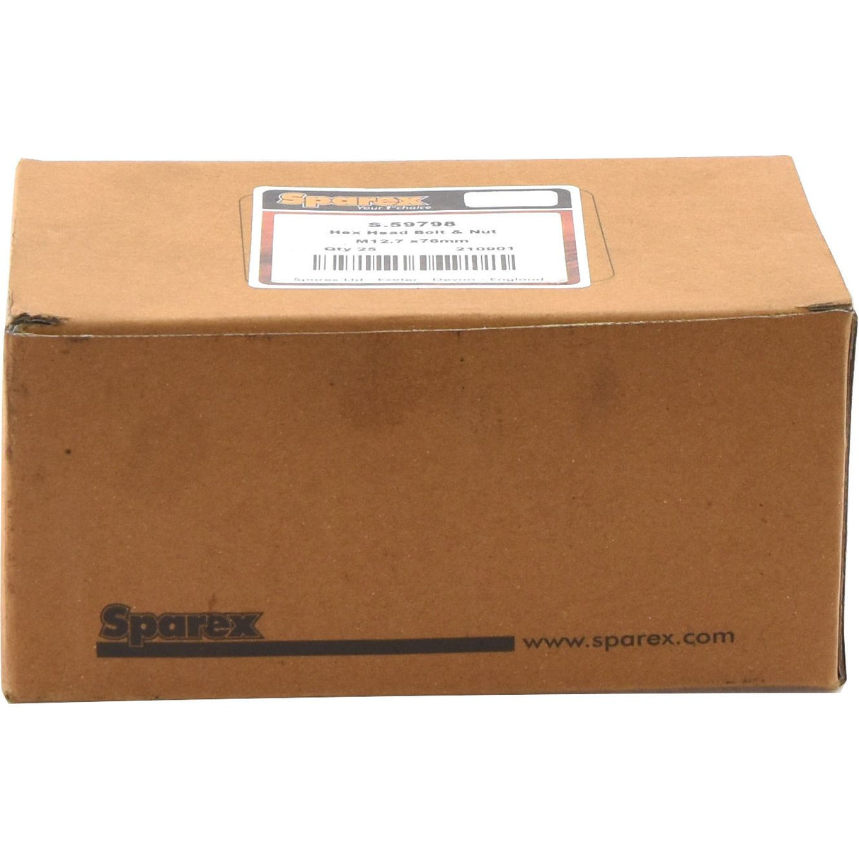 A brown cardboard box with a black "Sparex" logo and website at the bottom. A white label with product details is affixed to the top, indicating it contains Hexagonal Head Bolt With Nut (TH) - M12 x 76mm, Tensile strength 8.8 Loose (Sparex Part No.S.59798).