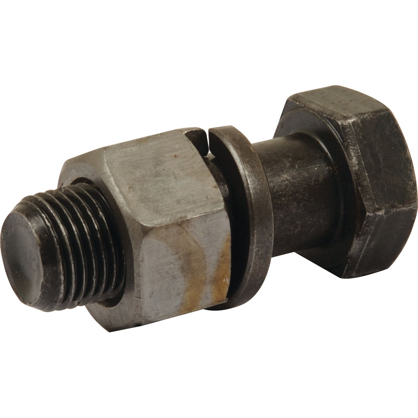 A Sparex Hexagonal Head Bolt With Nut (TH) - M16 x 47mm, boasting a tensile strength of 10.9, featuring two nuts threaded on it and displayed against a plain white background.