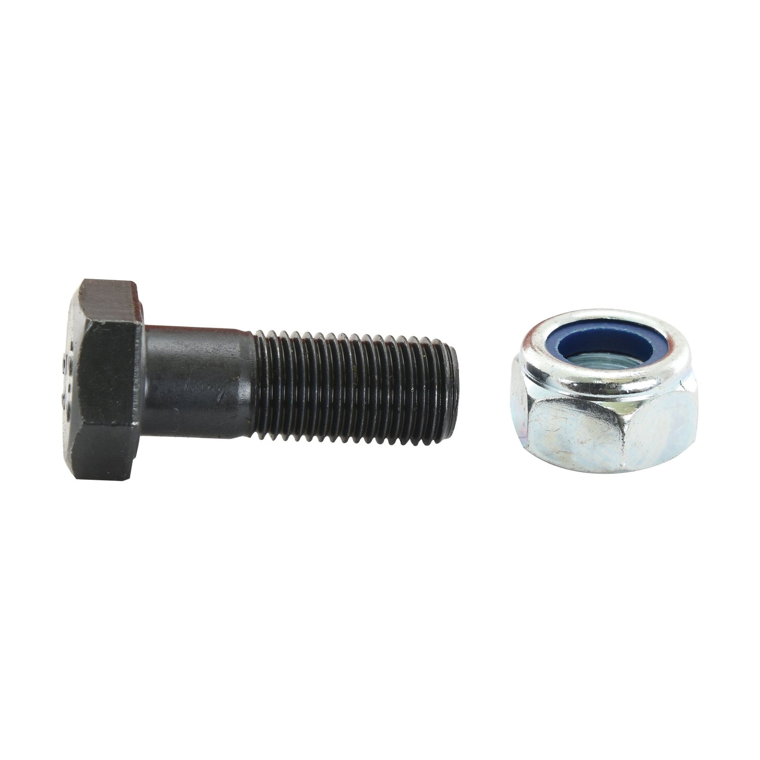 A black hexagonal head bolt with a tensile strength of 12.9 and a silver hex nut featuring a blue plastic insert, both sized M16 x 50mm, from the Sparex product line (Sparex Part No. S.78777), placed side by side on a white background.