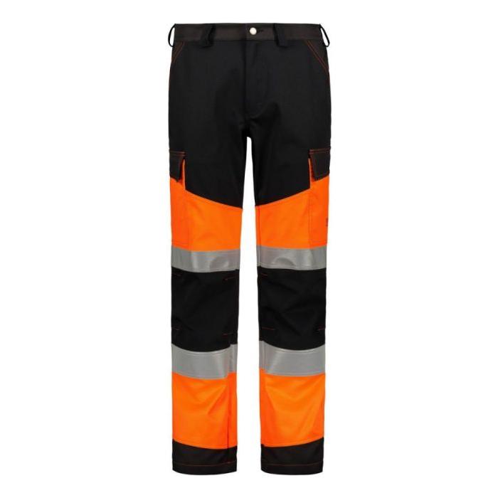 A pair of AGCO Valtra - High Visibility Work Trousers - V428093 in black and orange, featuring reflective strips on the legs and cargo pockets for added convenience.