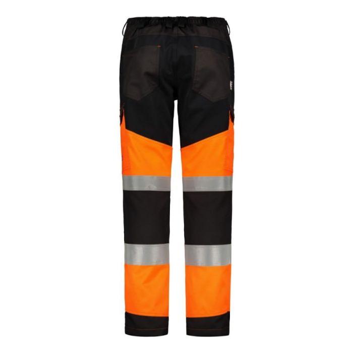Back view of the AGCO Valtra High Visibility Work Trousers (V428093) featuring black and orange sections with reflective gray horizontal stripes on the legs. Made from four-way stretch material, these pants offer an elastic waistband for comfort and practical cargo pockets for added functionality.