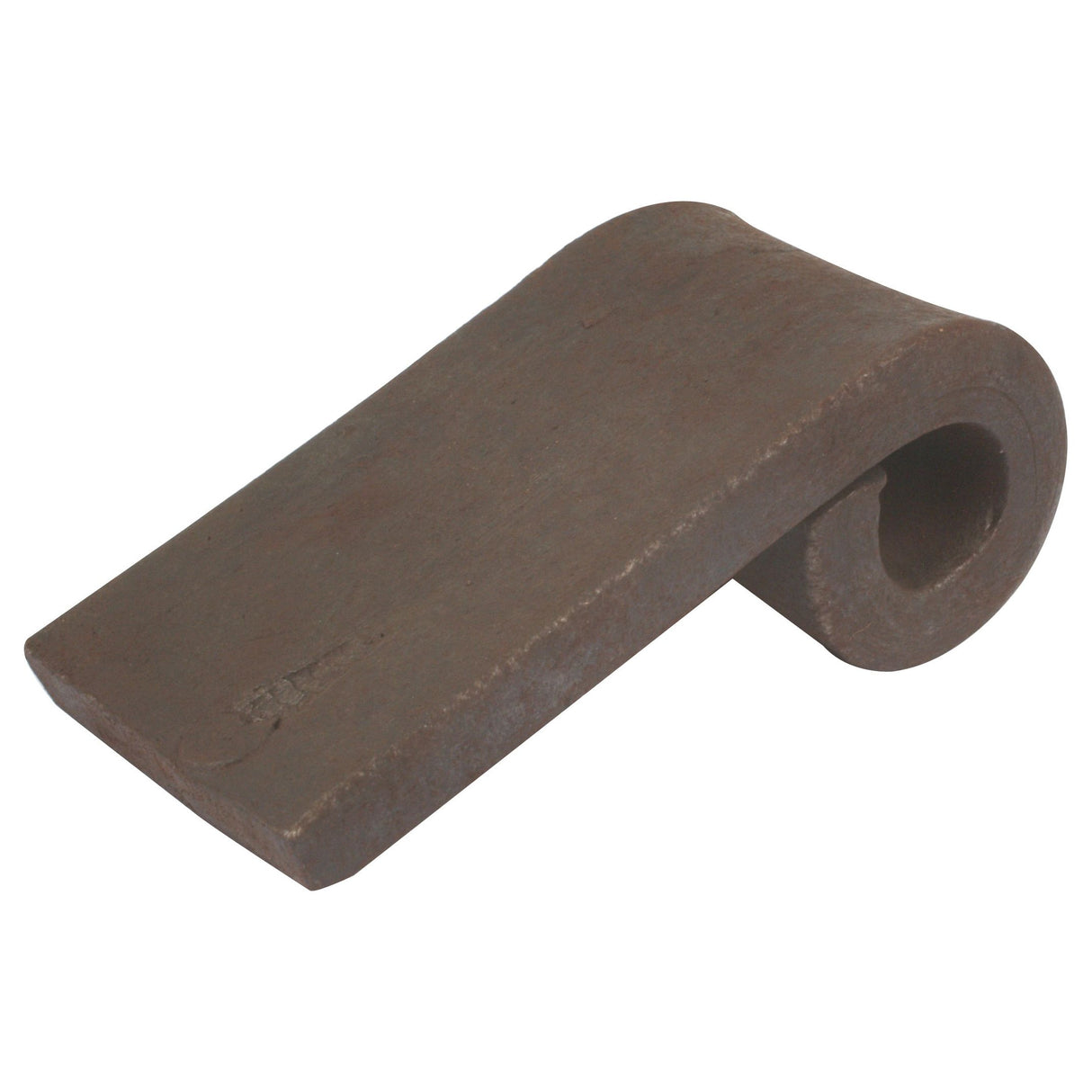 A rust-colored steel object with a flat base and a curled top known as the "Hinge - Female, Pin Ø: 13mm - S.55380" by Sparex.