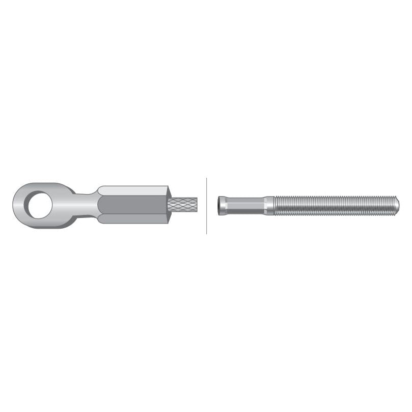 Two metal components: one with a looped eyelet end and internal threading, the other a Fiat threaded bar featuring a smooth section near the end. The parts are aligned side by side. They combine to form the Sparex Hitch Cable (Part No.S.43794), which measures 1710mm (67 11/32'') in total length, with a cable length of 1423mm (56 1/32'').