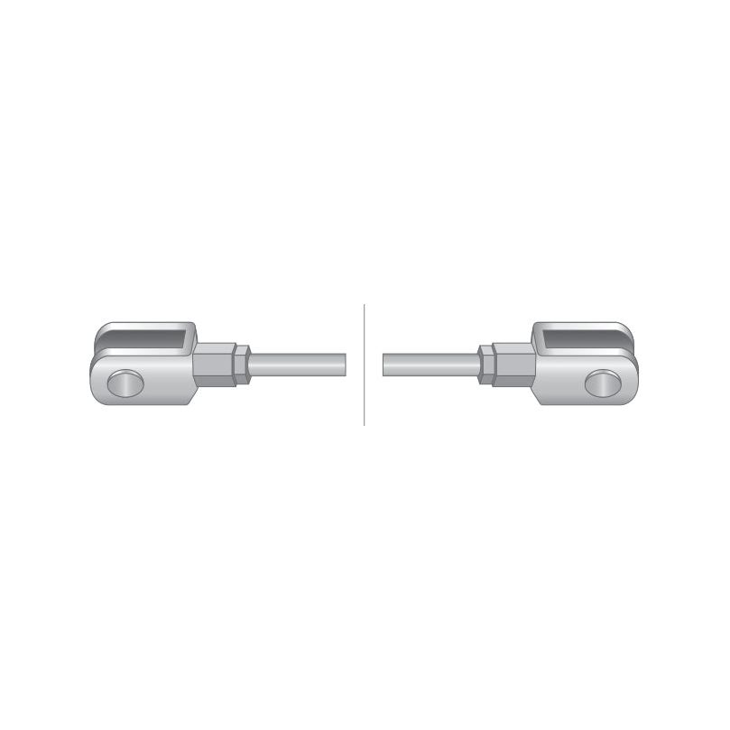 Two metallic components connected by a slender rod, each component featuring a slotted opening and a bolt-like structure, resemble parts you might find in the Hitch Cable from Sparex (Part No. S.43899).