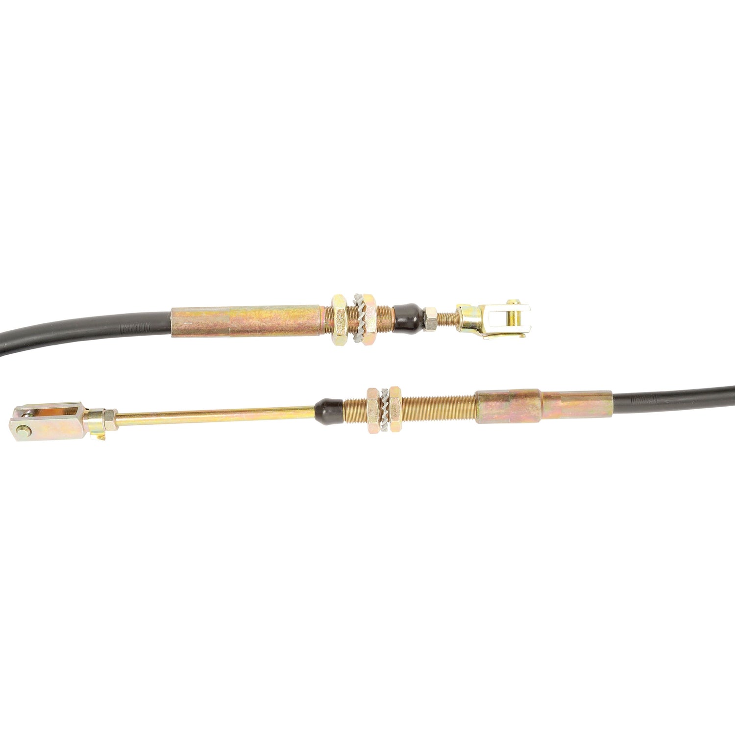 Close-up image of a Sparex Hitch Cable, 1910mm (75 7/32'') in length with a cable length of 1725mm (67 15/16''), featuring threaded ends and fittings for adjustment or attachment, commonly used in automotive or industrial applications, such as on Massey Ferguson equipment, and designed with a durable Clevis End. Sparex Part No. S.43899.