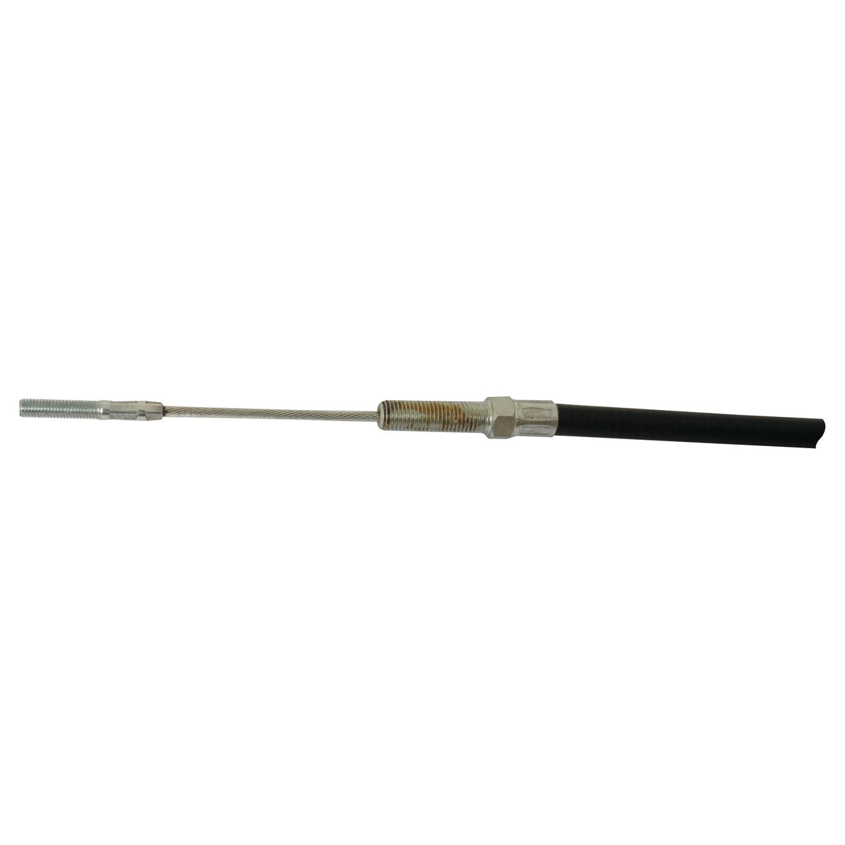 The Hitch Cable by Sparex (Part No. S.103250) is a flexible metal control cable with threaded ends, measuring 1594mm (62 3/4'') in adjustable cable length, and includes a protective housing for added durability. The overall product length is 1949mm (72 13/16'').