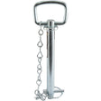 The Sparex Hitch Pin with Chain & Linch Pin 19x157mm (Sparex Part No. S.404) is a metal locking pin attached to a handle by a chain, featuring a working length of 157mm and a pin diameter of 19mm, suitable for Massey Ferguson.