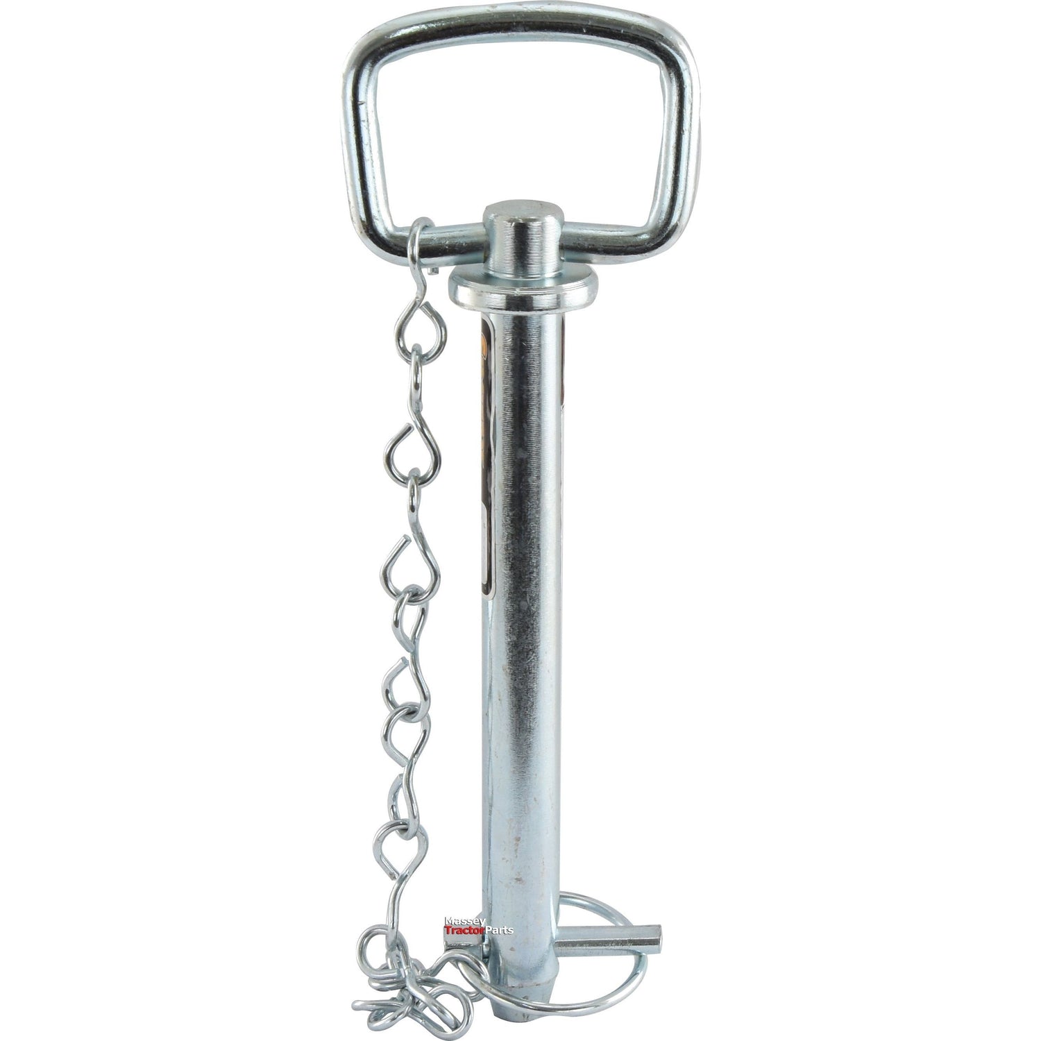 The Sparex Hitch Pin with Chain & Linch Pin (Part No. S.404) is a metal pin with a square handle and an attached chain, specifically designed for Massey Ferguson machinery. It has a pin diameter of 19mm and a working length of 157mm, ideal for securing or locking mechanisms.