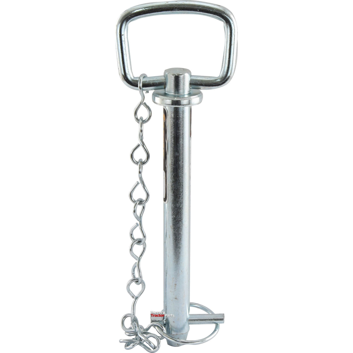 The Sparex Hitch Pin with Chain & Linch Pin (Part No. S.404) is a metal pin with a square handle and an attached chain, specifically designed for Massey Ferguson machinery. It has a pin diameter of 19mm and a working length of 157mm, ideal for securing or locking mechanisms.