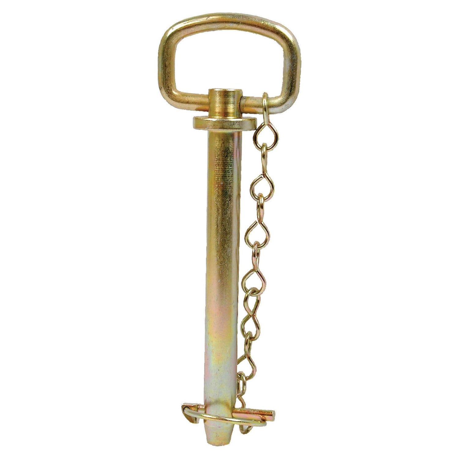 The Sparex Hitch Pin with Chain & Linch Pin (Part No. S.404) is a metallic lynch pin designed for Massey Ferguson models, featuring an elongated body, a rectangular handle at the top, and a metal chain attached near the bottom. It has a working length of 157mm and a pin diameter of 19mm.