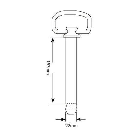 Technical drawing of the Hitch Pin with Chain & Linch Pin from Sparex (Sparex Part No. S.405). The pin Ø 22mm at the bottom, and the working length is 157mm.