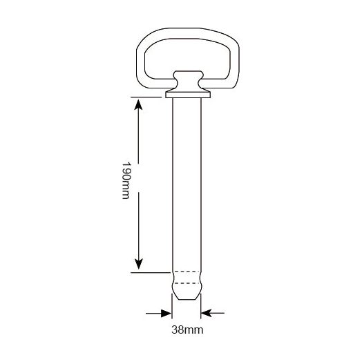 Technical drawing of the Sparex Hitch Pin with Chain & Linch Pin, featuring a handle and cylindrical body. It has an overall length of 233mm, a pin diameter of 38mm, and a working length of 190mm. The product is listed as Sparex Part No.S.15360.