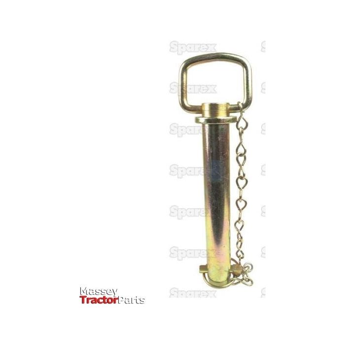 The Hitch Pin with Chain & Linch Pin 19x157mm, known as Sparex Part No. S.404, is a metal locking pin featuring a chain attached to a rectangular ring at the top, suitable for Massey Ferguson tractors. The background displays the text "Spares" and "Massey Tractor Parts.