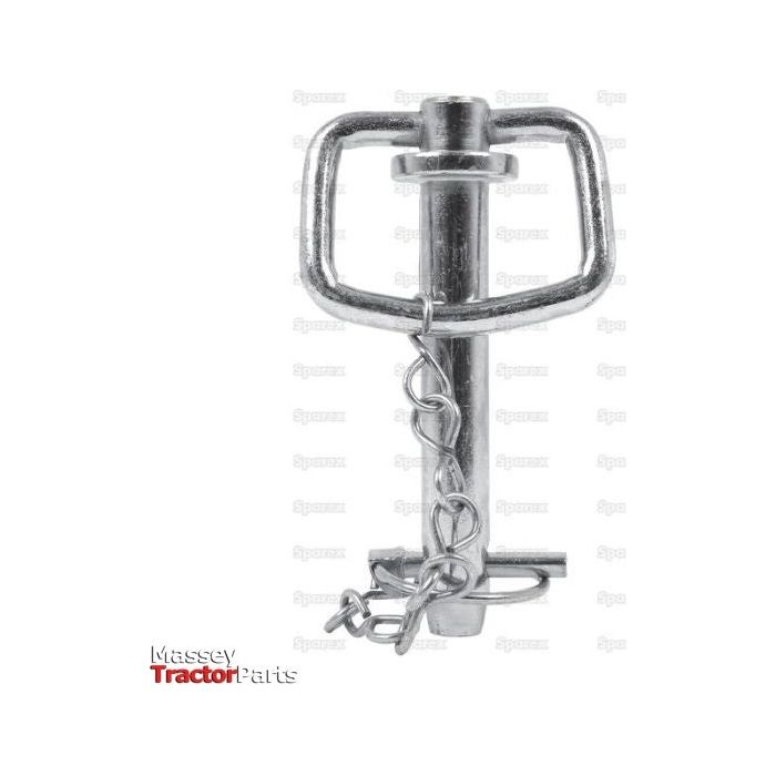 A close-up image of a Sparex Hitch Pin with Chain & Linch Pin, measuring Ø 19mm and an overall length of 98mm, typically used for securing tractor parts. The background has faded text and a logo that reads "Massey Tractor Parts." This pin, ideal for the Massey Ferguson TE20, is identified by Sparex Part No. S.408.