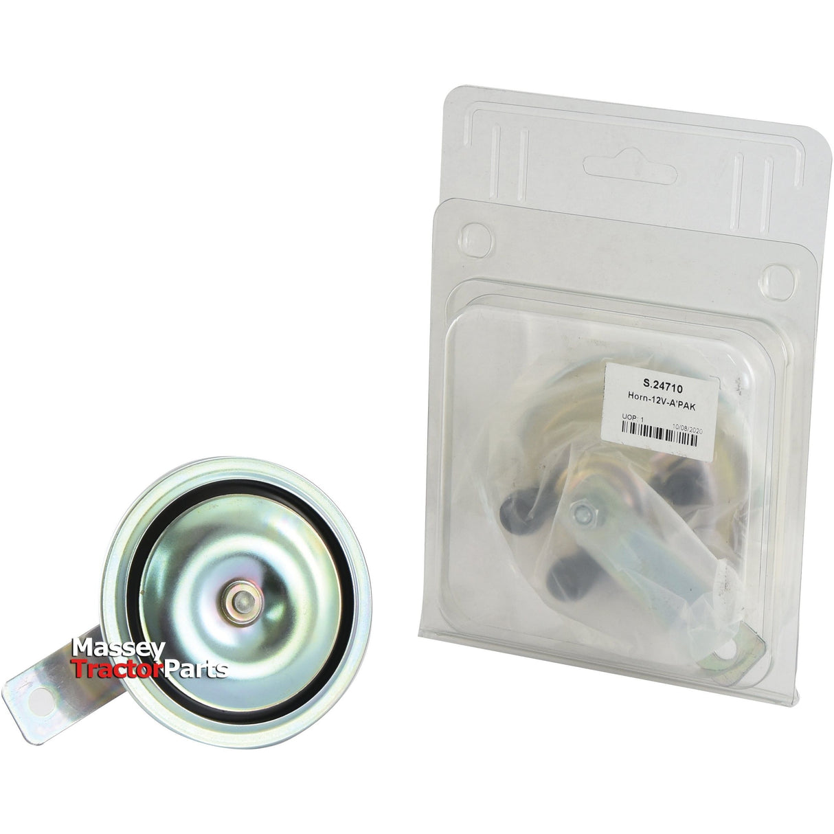 Two circular tractor parts from Massey Tractor Parts, one displayed in front and the other in clear packaging labeled "Horn-12V-A'PAK - S.24710" by Sparex. This 12V waterproof horn boasts a powerful 105dB output.
