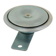 A round, metallic disk with a small, centered bolt and an attached mounting bracket with a hole; the Waterproof Horn 12V | Sparex Part No.S.4710 by Sparex is designed for durability and efficiency.