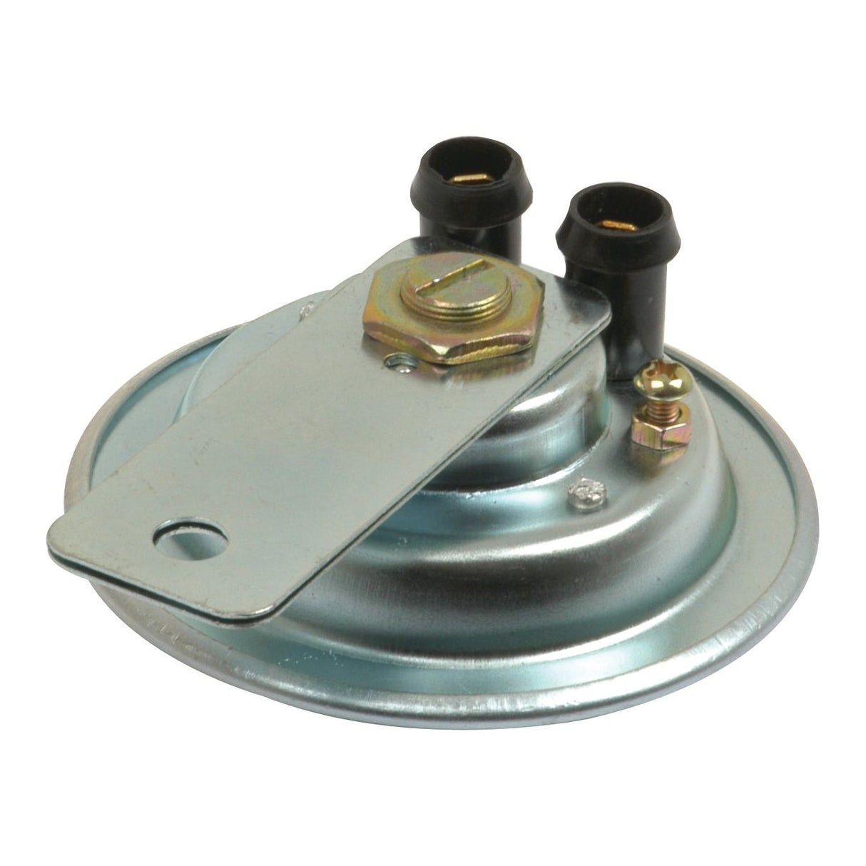 A Waterproof Horn 12V by Sparex (Part No. S.4710), is a round metal automotive component equipped with two black plastic connectors, a mounting bracket, and 12-volt capabilities.
