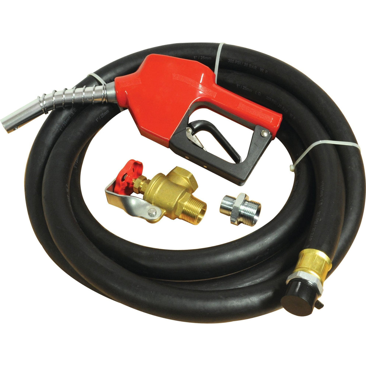 Sparex Hose Assembly (4m) - S.27840 featuring a red fuel nozzle, black hose, metal fittings, and valve against a white background. Specifications indicate it is suitable for various fuel types.