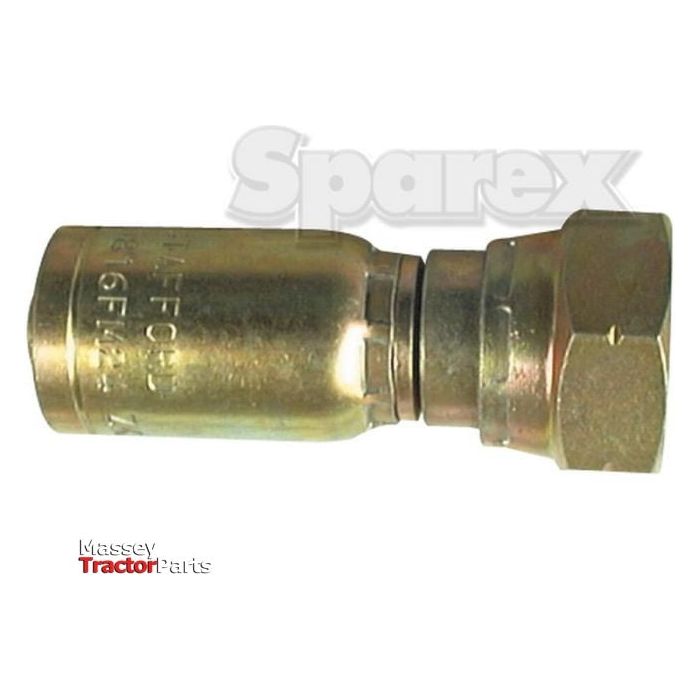 Close-up of a brass hydraulic fitting with threading, featuring text "Massy Tractor Parts" and "Sparex Hose Insert 3/8'' x Female - S.2321806" watermarked in the background.