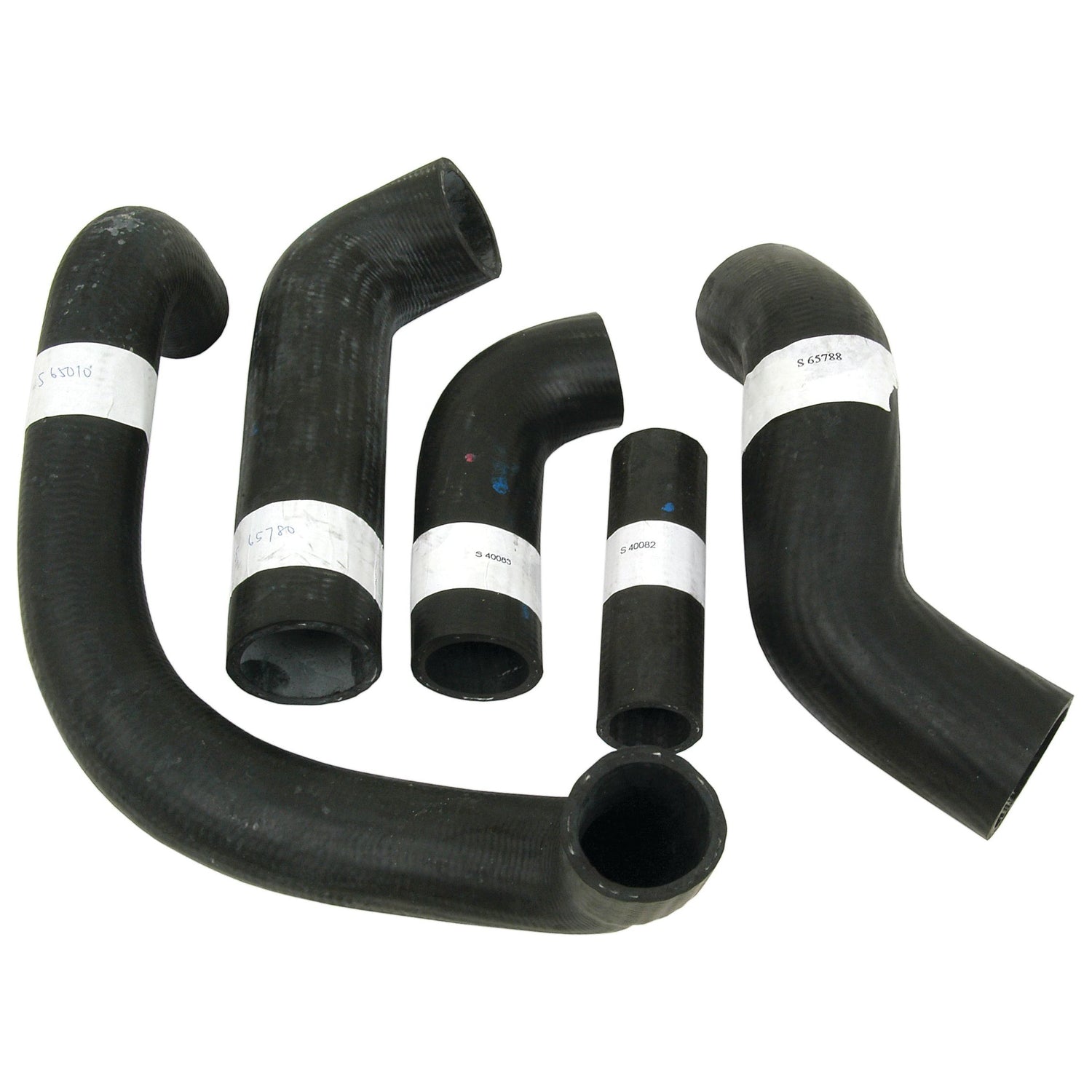 Product Description: A set of five black rubber hoses of varying shapes and lengths, each with a white label wrapped around them. These are ideal for Ford/New Holland SUPER DEXTA tractors. This product is called the Hose Set | Sparex Part No.S.66633 and is offered by the brand Sparex.