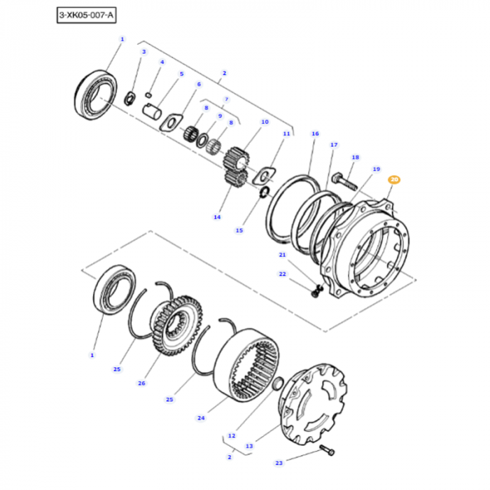 Exploded view diagram of the Massey Ferguson Hub (product code: 3429975m3) from AGCO's 4000 Series, detailing various components including gears, rings, and screws, all labeled with reference numbers for identification.