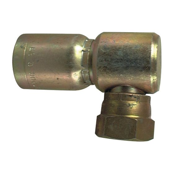 A Sparex Hydraulic 1-Piece Swage Coupling featuring a brass construction, a 90-degree bend, a hexagonal nut, and compatibility with 3/8'' hoses; it is the Gates compatible model S.2271206 with a 3/4'' JIC90 compact female fitting.