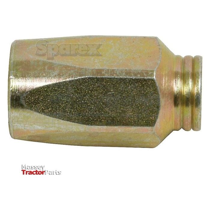 A close-up of a brass-colored hexagonal nut from the "Sparex" brand, featuring "Hydraulic 2-Piece Re-usable Coupling Ferrule 3/8'' 2-wire non-skive | Sparex Part No.S.4736" engraved on its side, with "Massey Tractor Parts" in the bottom left corner.