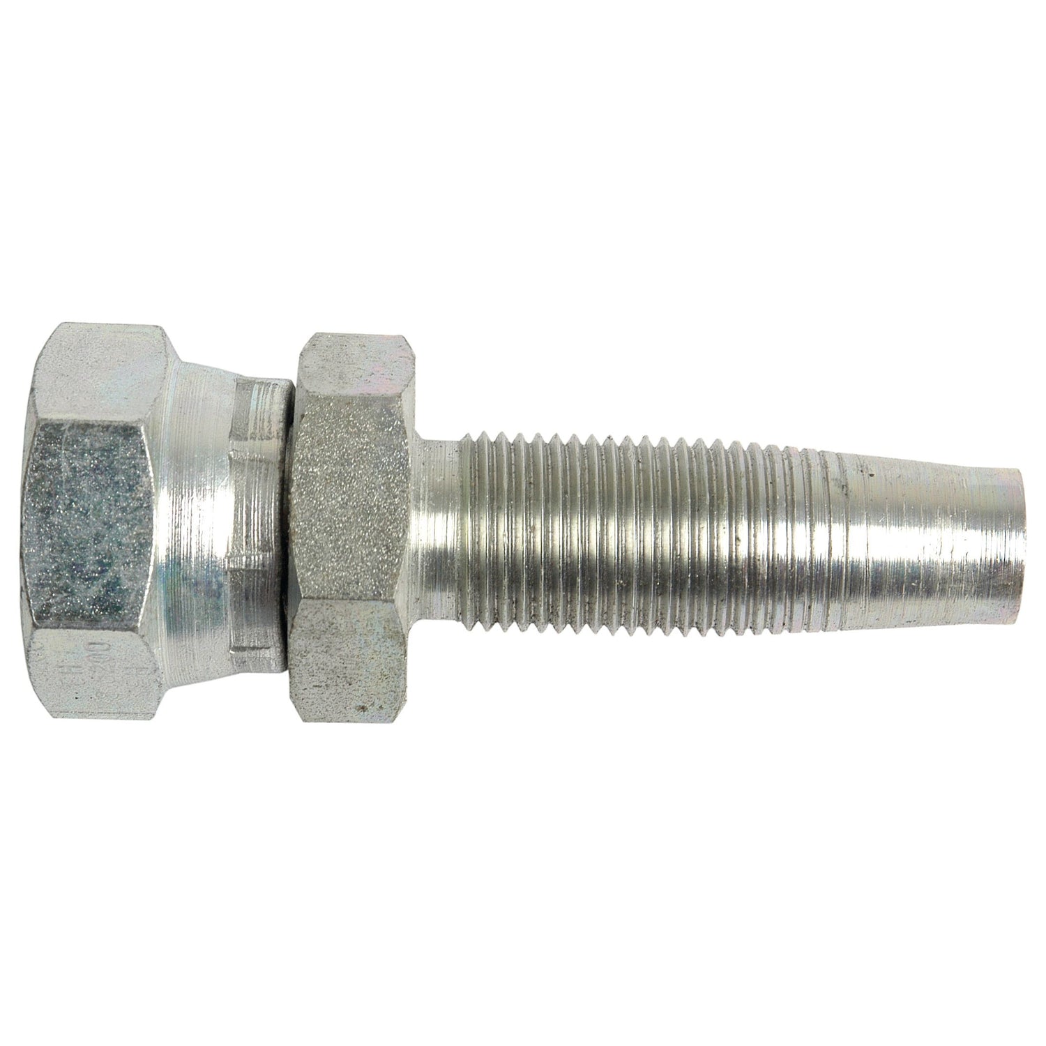 A close-up of a metallic bolt with a hexagonal head and threaded shaft, lying horizontally on a white background, next to a Sparex Hydraulic 2-Piece Re-usable Coupling insert 1/2'' x 1/2'' BSP female 90 swept (Sparex Part No. S.4752).