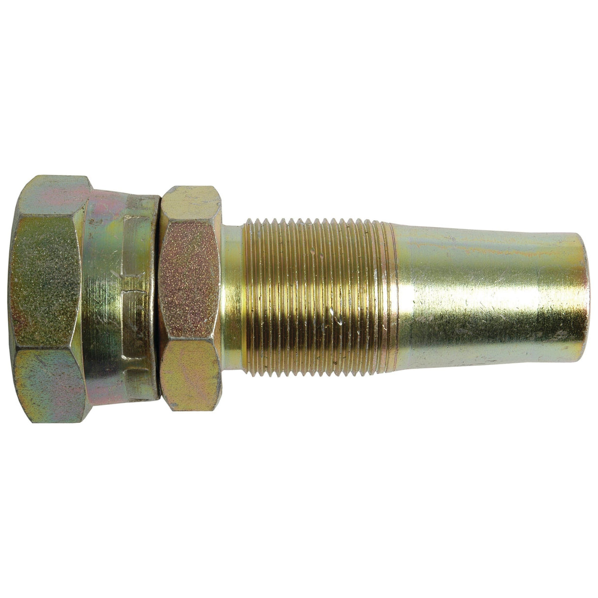 The Hydraulic 2-Piece Re-usable Coupling insert 1'' x 1''BSP female (Sparex Part No. S.4755) from Sparex features a reusable metallic threaded fitting with one end having a wider hexagonal nut and the other tapering into a smooth cylindrical shape, designed as a female insert compatible with 1" BSP threads.