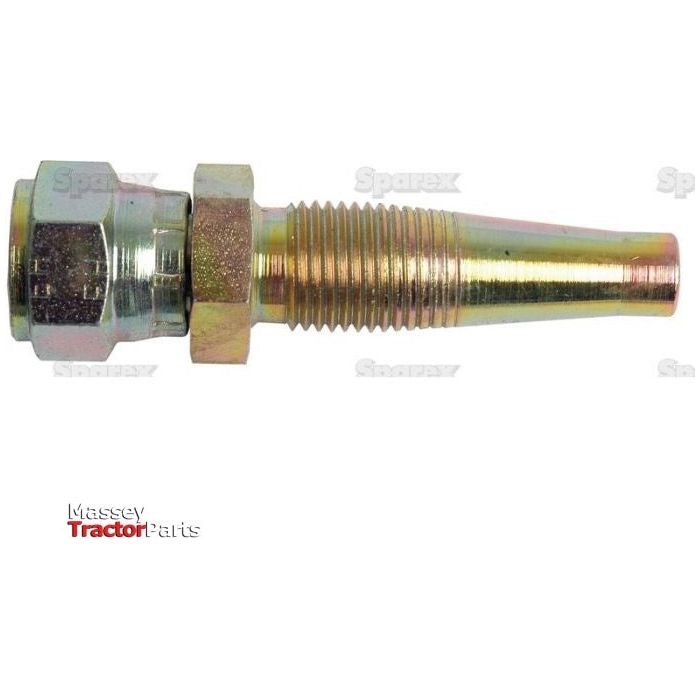 Image of a Hydraulic 2-Piece Re-usable Coupling insert with threaded ends. The fitting, suitable for hose I/D 3/8", is silver and brass-colored. "Massey Tractor Parts" and "Sparex" logos are faintly visible in the background. Female insert thread 9/16'' UNF completes the robust design of the Sparex Part No.S.4766.
