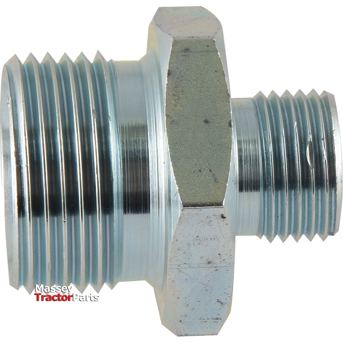 A close-up of a metallic hexagonal fitting with threads on both ends, labeled as a Hydraulic Adaptor 1/2''BSP male - 1''BSP male | Sparex Part No.S.35043, placed against a plain white background. The Massey Tractor Parts logo is visible in the bottom left corner.