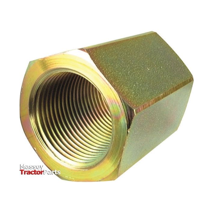 Hexagonal brass coupling nut with internal threading, labeled "Sparex" at the bottom left corner. This Hydraulic Adaptor 1/4''BSP Connecting Nut, Sparex Part No.S.35112, is ideal for secure and reliable connections.