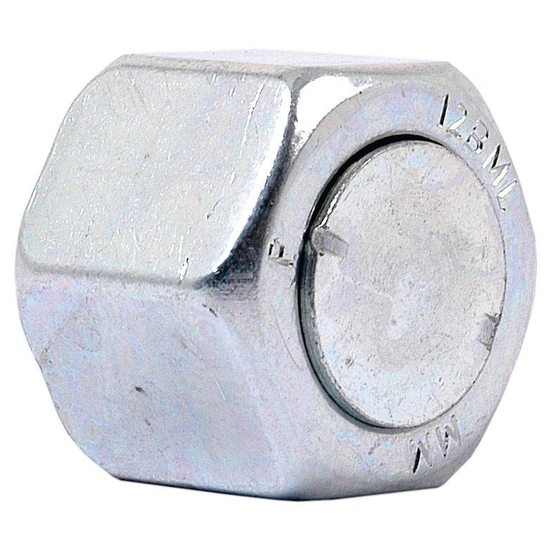 A close-up view of the Sparex Hydraulic Blanking Cap Adaptor ORFS 1.3/16''UNF (Sparex Part No.S.20861) reveals a silver hexagonal acorn nut with visible threading on one end. The reflective, slightly textured surface is ideal for securing Parker Hose with a 3/4'' I/D.