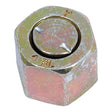 Close-up of a hexagonal lock nut with a circular hole in the center, showing signs of wear and tarnish, likely from use on a Sparex Hydraulic Blanking Cap Adaptor ORFS 9/16''UNF (Sparex Part No. S.20857).