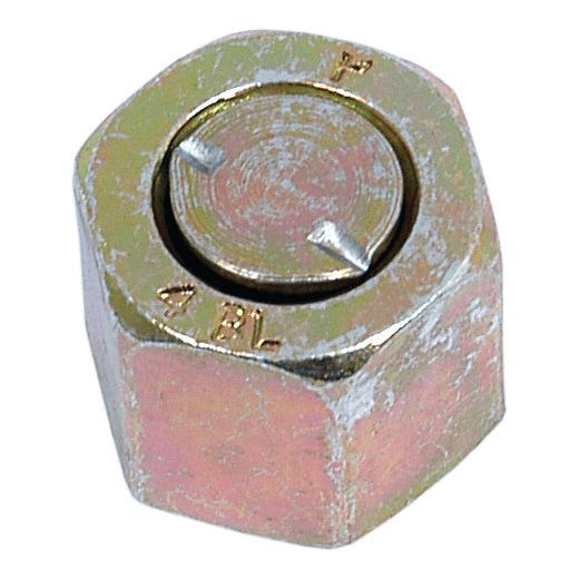 Close-up of a hexagonal lock nut with a circular hole in the center, showing signs of wear and tarnish, likely from use on a Sparex Hydraulic Blanking Cap Adaptor ORFS 9/16''UNF (Sparex Part No. S.20857).