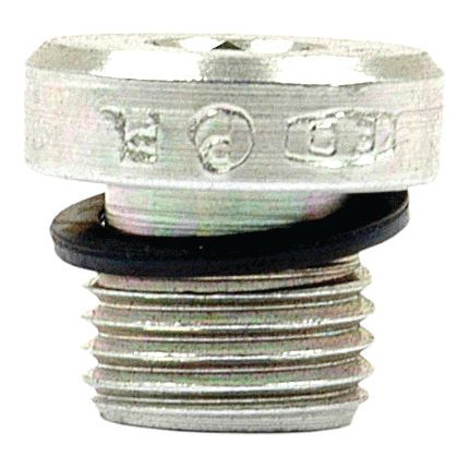 A close-up view of a Sparex Hydraulic Blanking Plug Adaptor M10 x 1.0 (Sparex Part No.S.34230) with an attached black rubber O-ring.