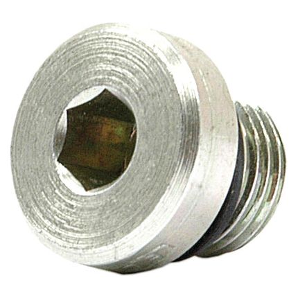 Close-up of a metallic hex socket head screw with threading on one end, resembling the Sparex Hydraulic Blanking Plug Adaptor M10 x 1.0 (Part No. S.34230).
