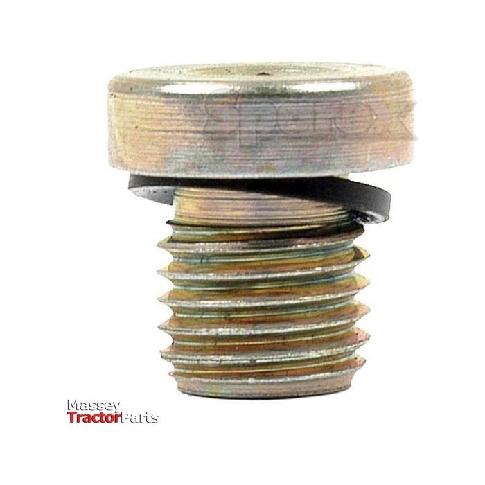 A metal hex head bolt with a flat top and a rubber washer sits against a white background, alongside a Hydraulic Blanking Plug Adaptor M12 x 1.5 | Sparex Part No.S.34231. The text "Massey Tractor Parts" is in the bottom left corner, with the brand name Sparex clearly visible.