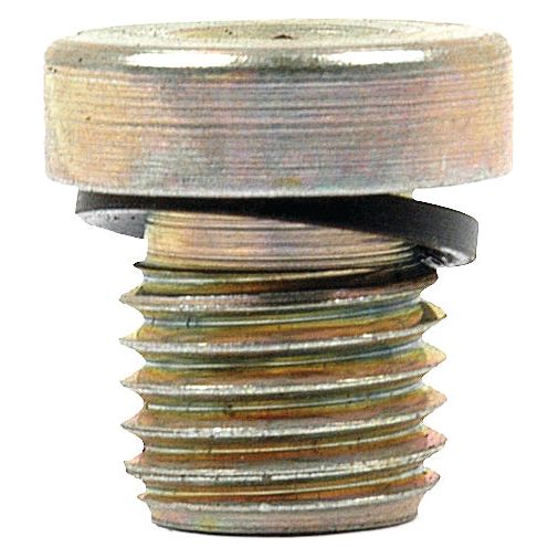 Close-up of a Sparex Hydraulic Blanking Plug Adaptor M12 x 1.5 (Sparex Part No.S.34231) featuring a metallic threaded design with a flat top and a circular washer positioned between the head and the threads.