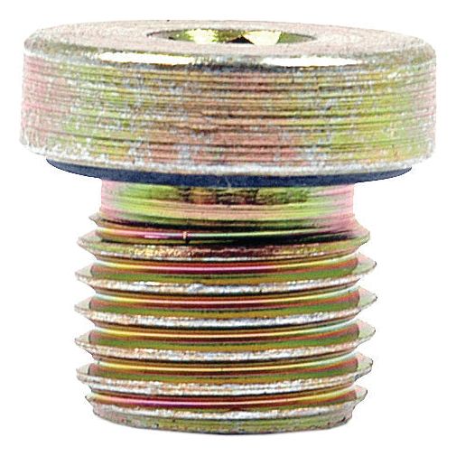 The Sparex Hydraulic Blanking Plug Adaptor M14 x 1.5 (Part No.S.34232) is a metallic threaded blanking plug with a flat head and a slot for a screwdriver. It has a cylindrical shape with fine threads, fits an M14 x 1.5 size perfectly, and shows some wear.