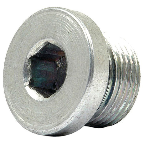 Close-up of a silver metal hexagonal socket plug with threaded edges, designed for sealing or closing holes in machinery or piping. This versatile blanking plug, the Hydraulic Blanking Plug Adaptor M20 x 1.5 from Sparex (Part No. S.34235), ensures a secure fit for various applications.