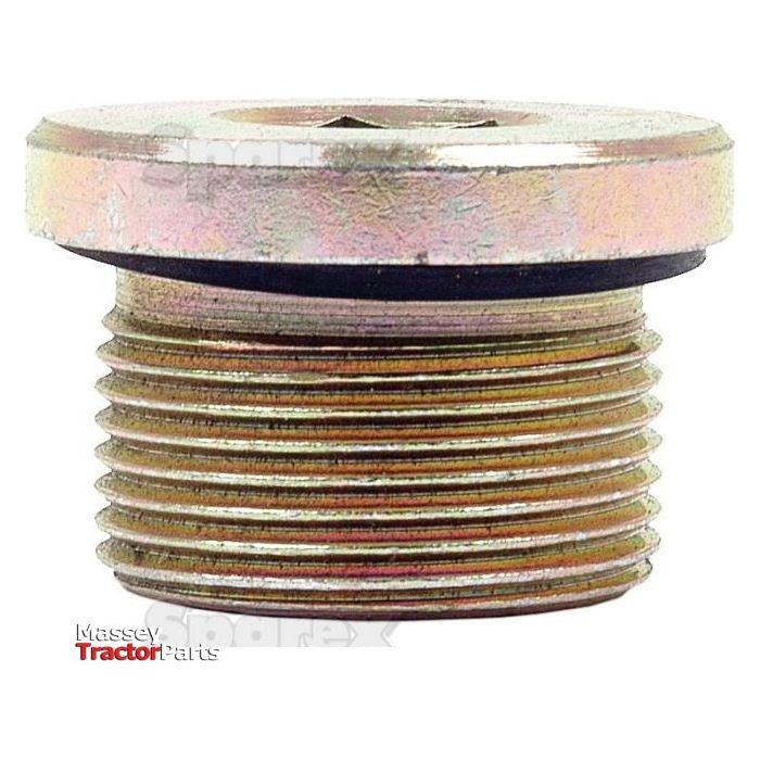 Close-up of a threaded metal plug, identified as the Hydraulic Blanking Plug Adaptor (Sparex Part No. S.34237), with a flat top and an embedded rubber gasket. The fitting is precisely an M26 x 1.5 size. The Sparex logo is in the bottom left corner along with Massey Tractor Parts branding.
