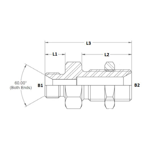 Technical drawing of a mechanical component featuring a Sparex Hydraulic Adaptor 3/4" BSP Male x 3/4" BSP Male Bulkhead with Locknut (Sparex Part No. S.55989) with precise dimensions labeled L1, L2, L3, B1, and B2. The ends are angled at 60 degrees.
