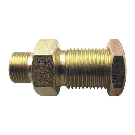 A close-up view of a Sparex Hydraulic Adaptor 3/8'' BSP Male x 3/8'' BSP Male Bulkhead with Locknut (Sparex Part No. S.11955), featuring brass construction, hexagonal ends, and threaded sections on both sides.
